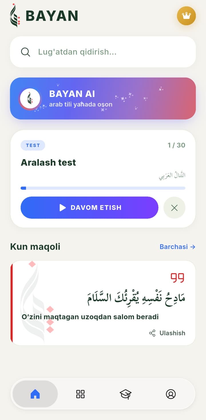 BAYAN ilovasining bosh sahifasi